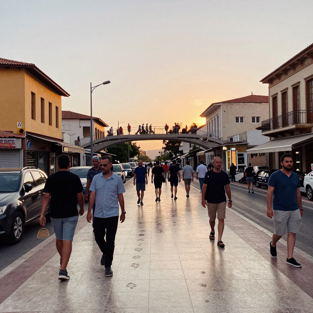 Busy Athens Street Scene at Golden Hour with Pedestrian Overpass and Local Life in in Athens, Greece