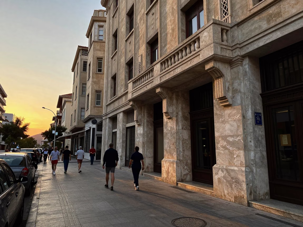 Busy Athens street scene at sunset with art deco hotel facade and metal stools in in Athens, Greece