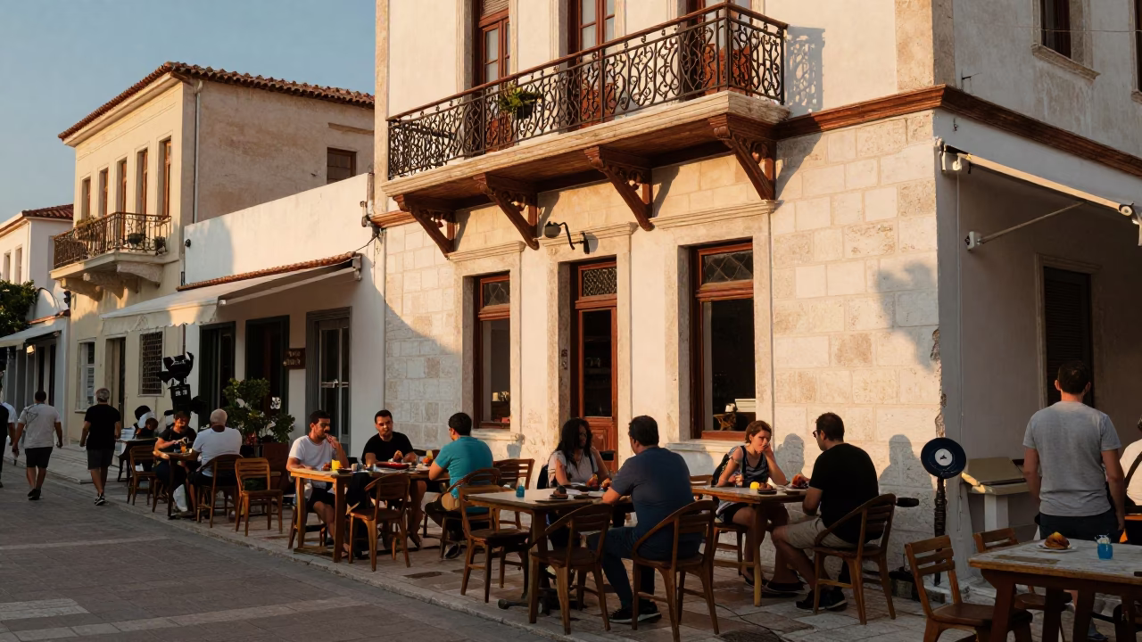 Busy Athens Street Scene at Sunset with Figs and Traditional Greek Cafe Atmosphere in in Athens, Greece