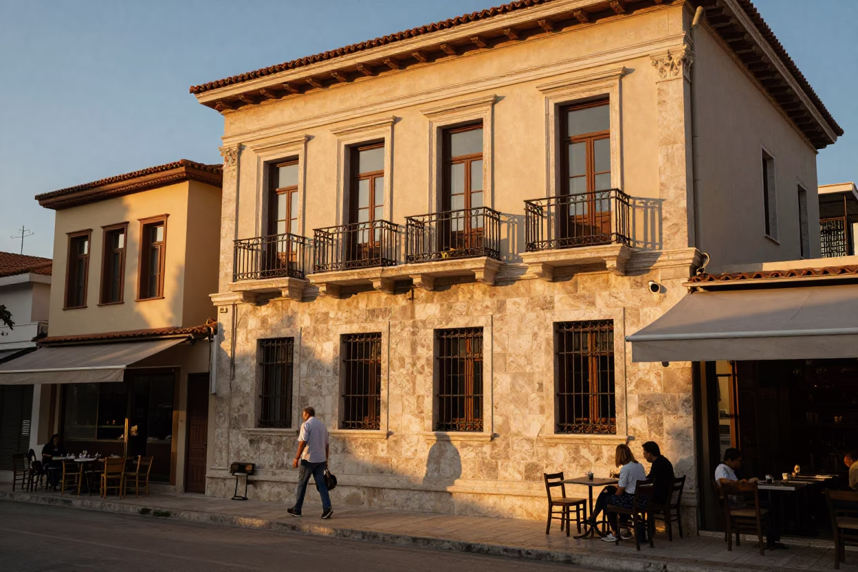 Busy Athens Street Scene at Sunset with Traditional Greek Architecture and Daily Life in in Athens, Greece