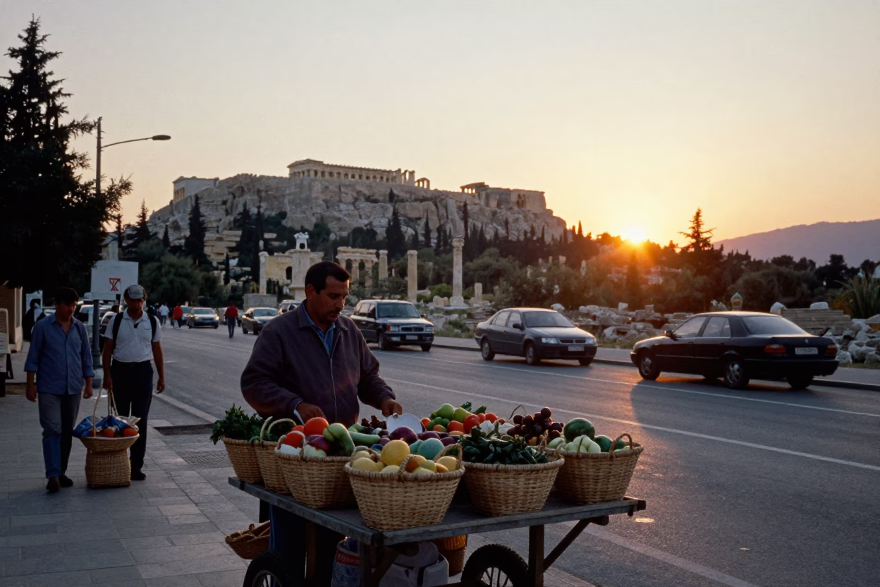 Busy Athens Street Scene at Sunset with Woven Baskets and Local Life in in Athens, Greece