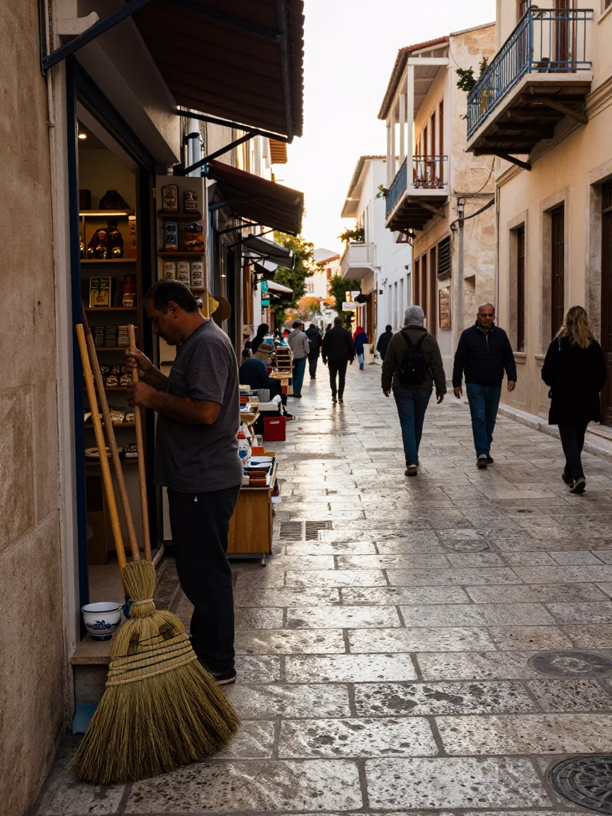 Busy Athens Street Scene Early Afternoon with Brooms and Local Life in in Athens, Greece