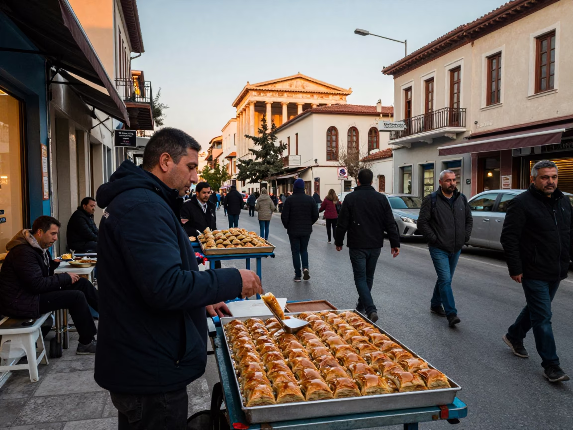 Busy Athens Street Scene Early Evening with Baklava and Local Culture in in Athens, Greece
