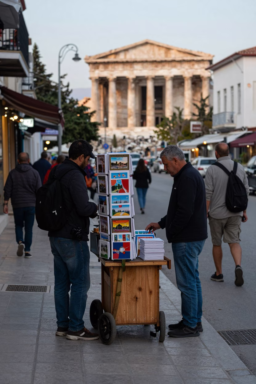 Busy Athens Street Scene Early Evening with Postcards and Folk Dance in in Athens, Greece