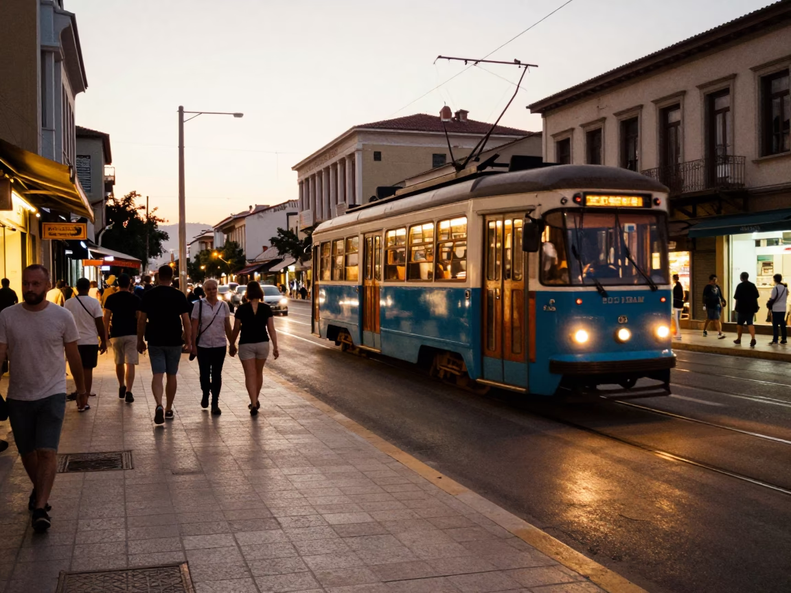 Busy Athens Street Scene Early Evening with Tram and Classic Architecture in in Athens, Greece