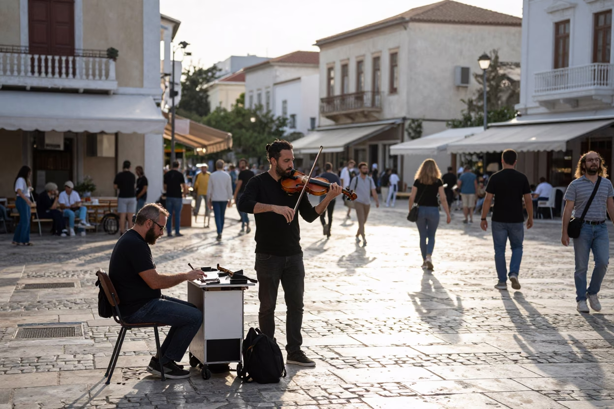 Busy Athens Street Scene First Light Violinist and Local Life in Greece in in Athens, Greece