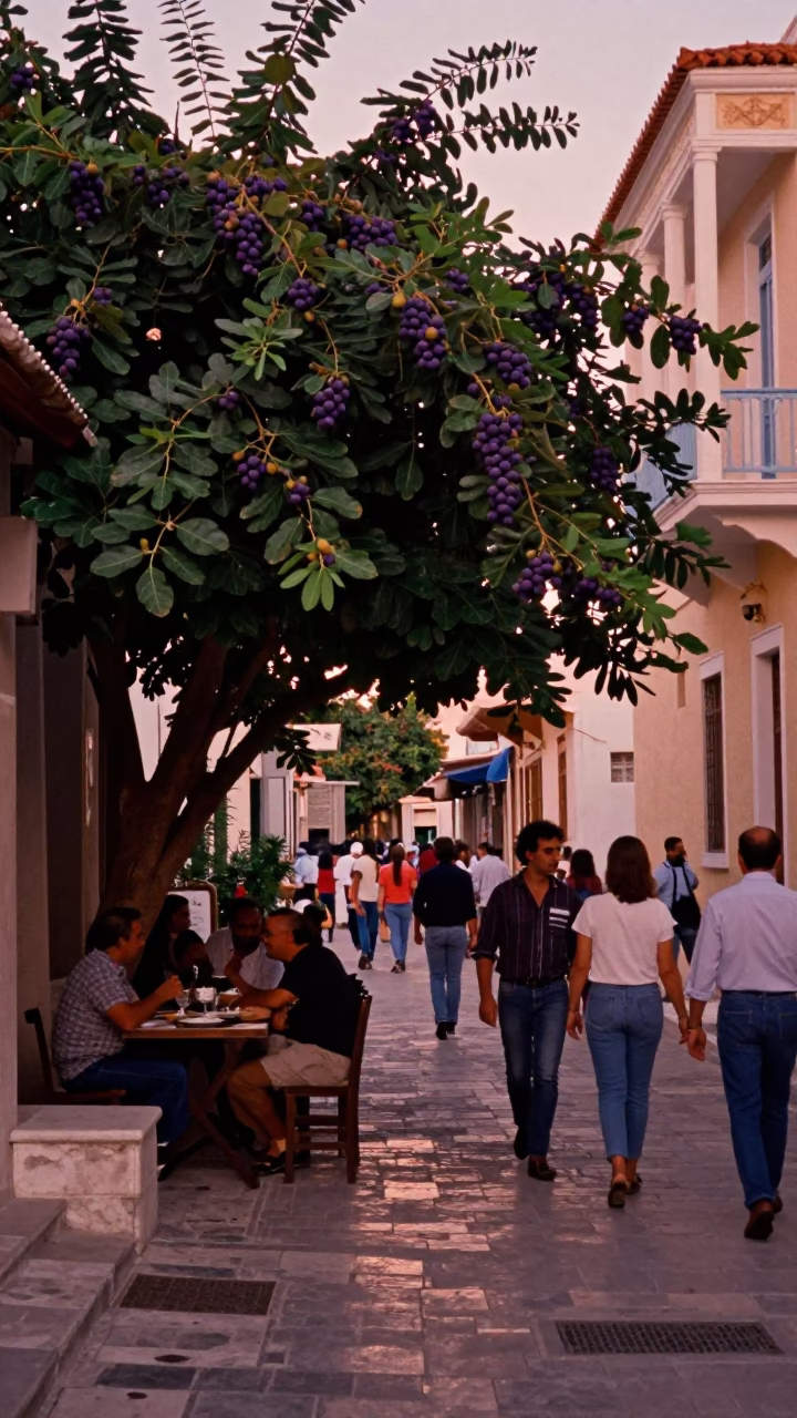 Busy Athens Street Scene in Copper Dusk Light with Fig Tree and Local Life in in Athens, Greece