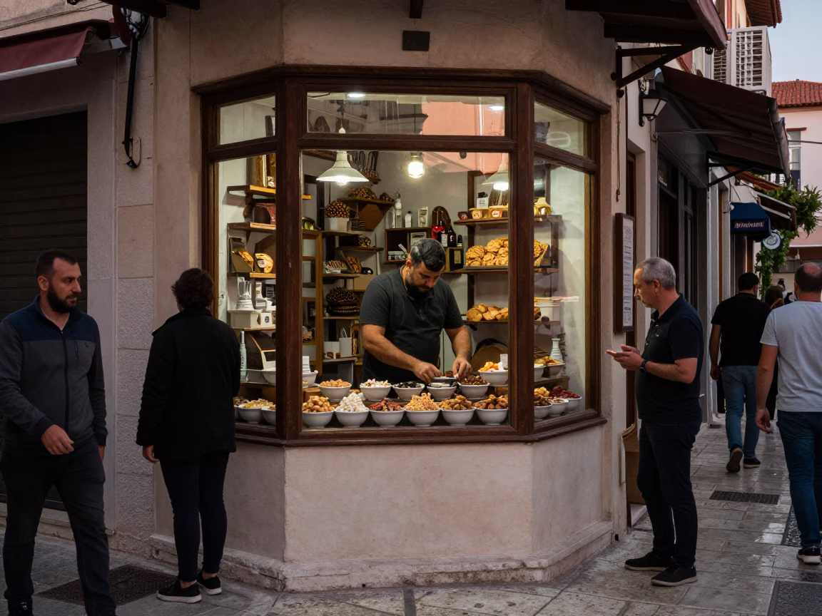 Busy Athens Street Scene in Copper Dusk Light with Worn Wood and Ceramic Bowls in in Athens, Greece
