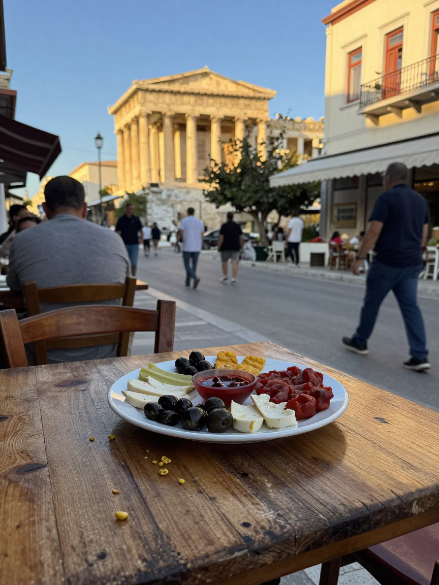 Busy Athens Street Scene in Late Afternoon Light with Traditional Mezze Platter in in Athens, Greece