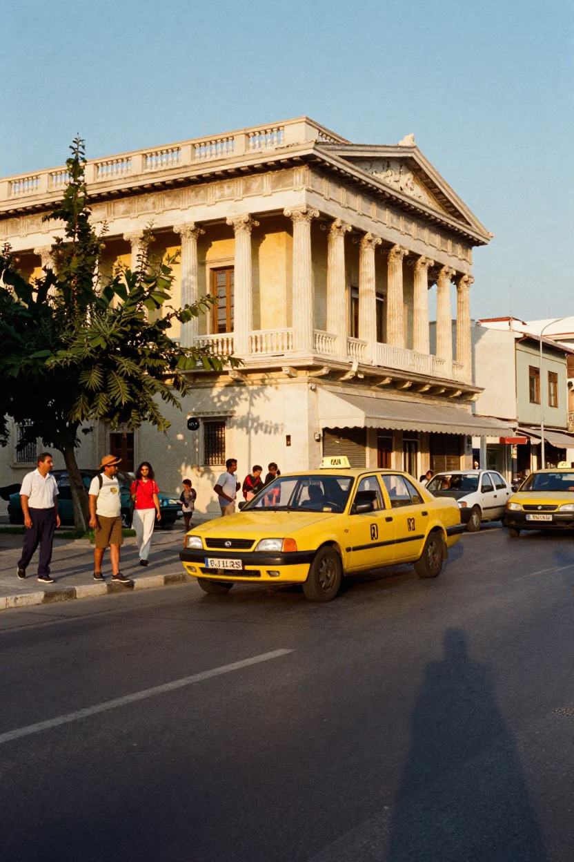 Busy Athens Street Scene Late Afternoon Light with Yellow Taxi and Classic Architecture in in Athens, Greece