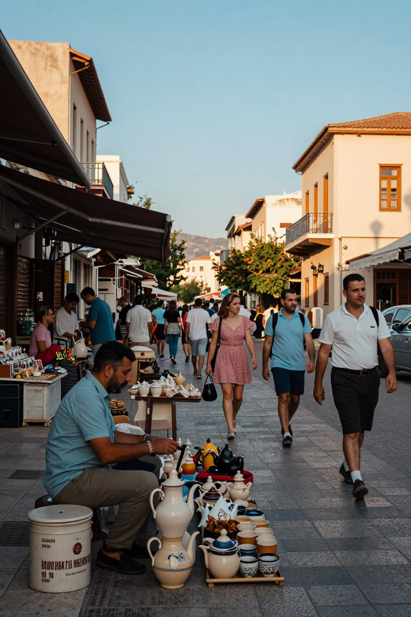 Busy Athens Street Scene Late Afternoon with Local Vendor and Pedestrians in in Athens, Greece