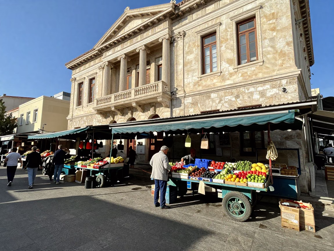 Busy Athens Street Scene Late Morning with Local Market Activity and Stone Architecture in in Athens, Greece