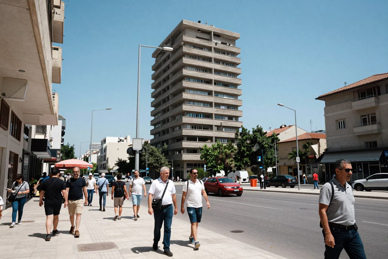 Busy Athens Street Scene Midday with Brutalist Concrete Tower and Urban Details in in Athens, Greece