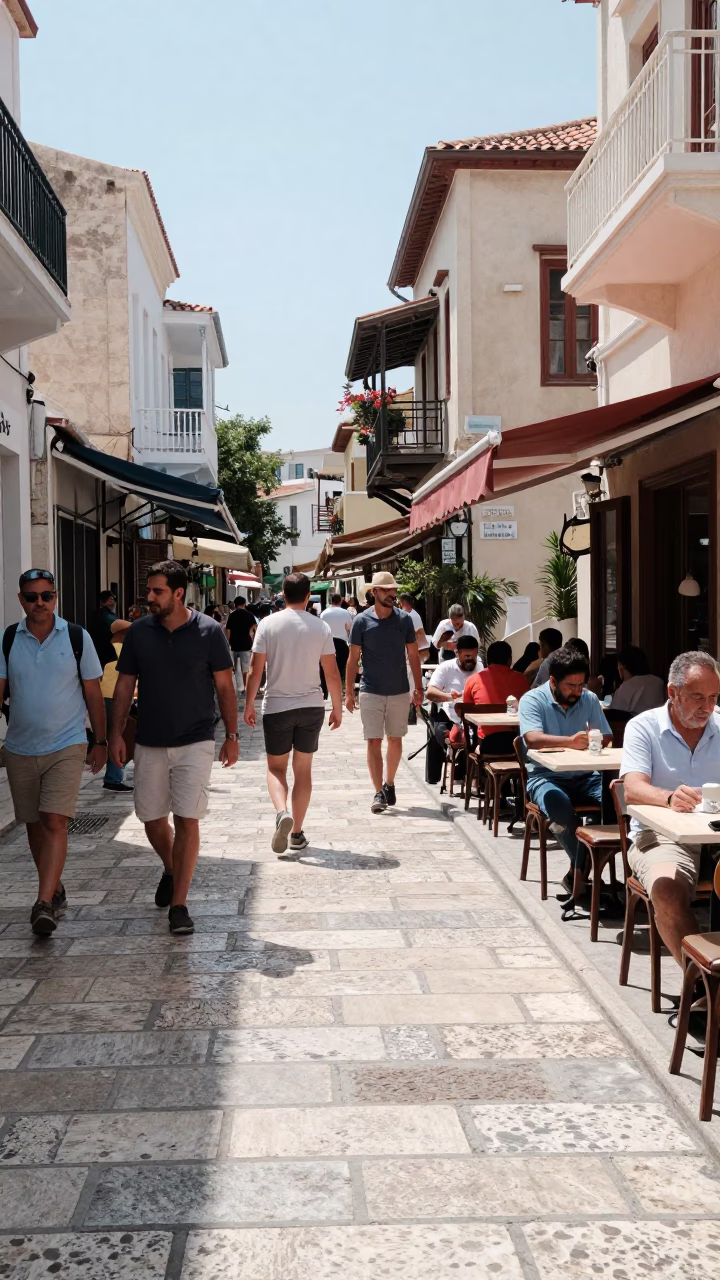 Busy Athens Street Scene Midday with Stone Pavement and Urban Life in in Athens, Greece