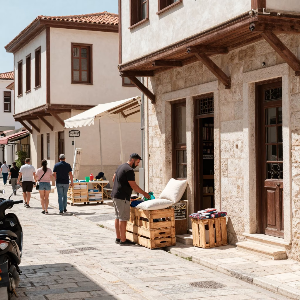 Busy Athens Street Scene with Crate and Pillow Amidst Local Commerce in in Athens, Greece