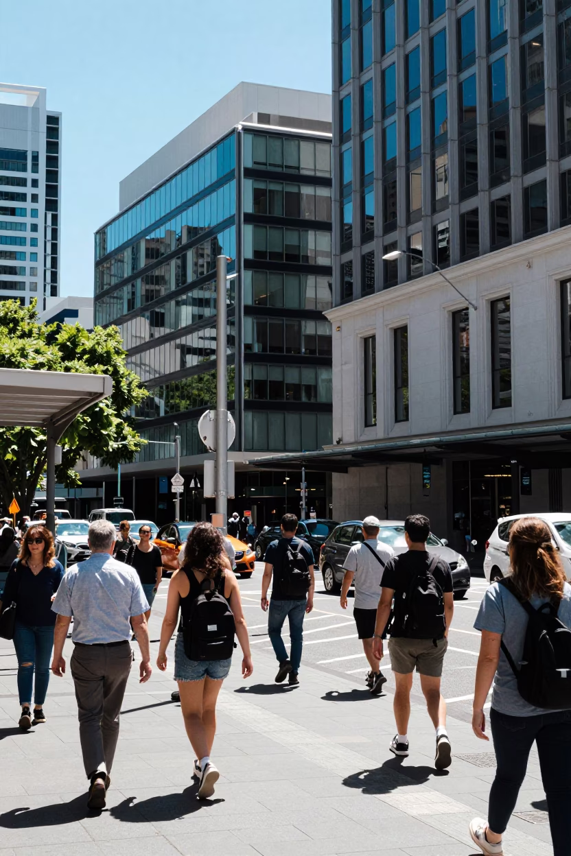 Busy Auckland City Street Midday Pedestrians and Urban Architecture in in Auckland, New Zealand