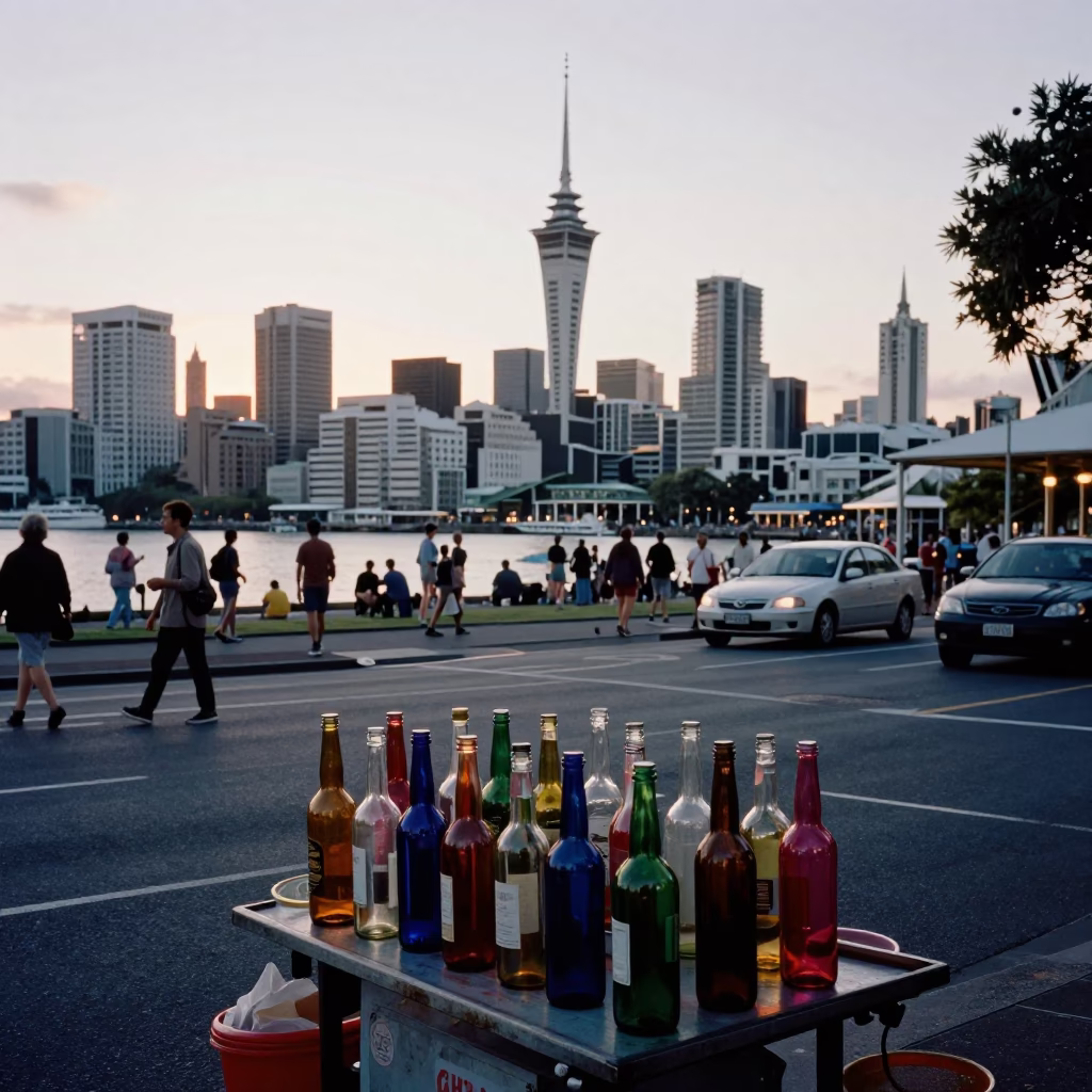 Busy Auckland Dawn Street Scene with Colorful Glass Bottles and Local Interaction in in Auckland, New Zealand