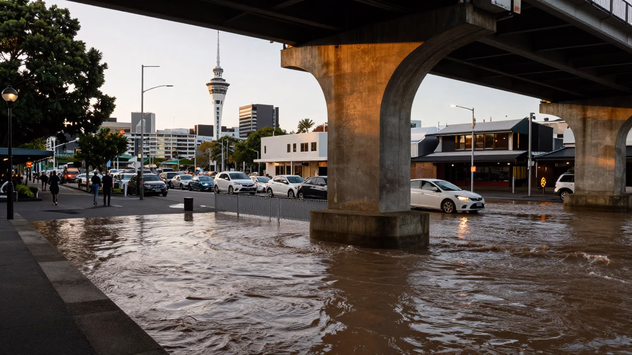 Busy Auckland Evening Street Scene with Bridge Pier and Muddy Floodwater Reflections in in Auckland, New Zealand