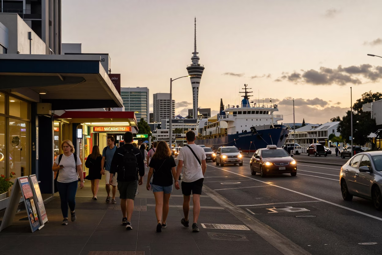 Busy Auckland Evening Street Scene with Cargo Ship on Horizon in Honeyed Light in in Auckland, New Zealand