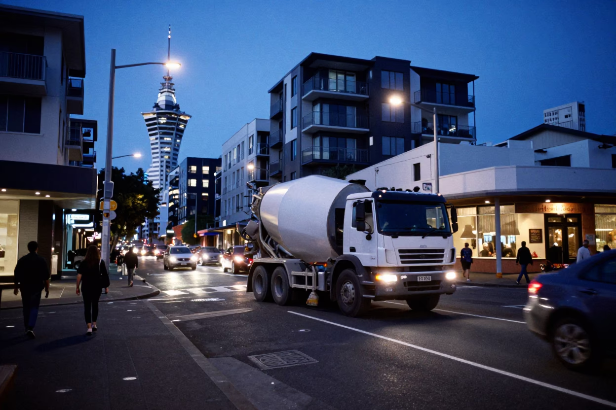 Busy Auckland Evening Street Scene with Construction and Urban Life in Blue Hour Light in in Auckland, New Zealand