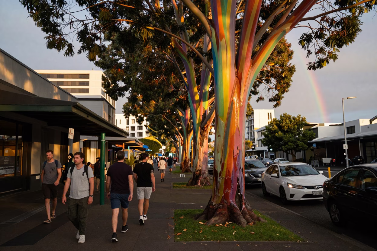 Busy Auckland Evening Street Scene with Rainbow Eucalyptus and Urban Life in in Auckland, New Zealand