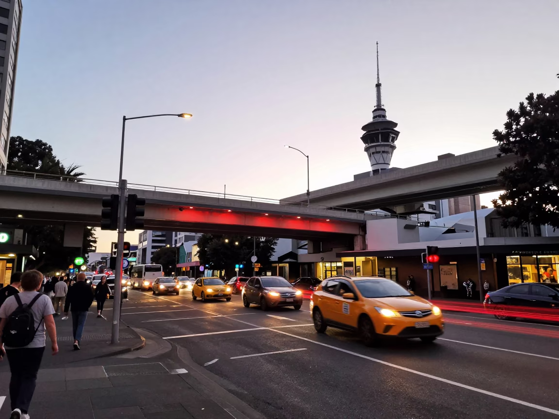 Busy Auckland Evening Street Scene with Traffic Lights and Local Diners in in Auckland, New Zealand