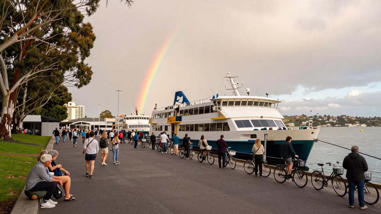Busy Auckland Ferry Dock Scene with Rainbow Eucalyptus and Evening Light in in Auckland, New Zealand
