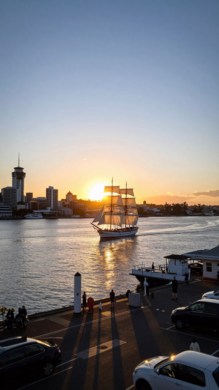 Busy Auckland Harbor Golden Hour With Tall Ship Canvas And Coastal Activity in in Auckland, New Zealand
