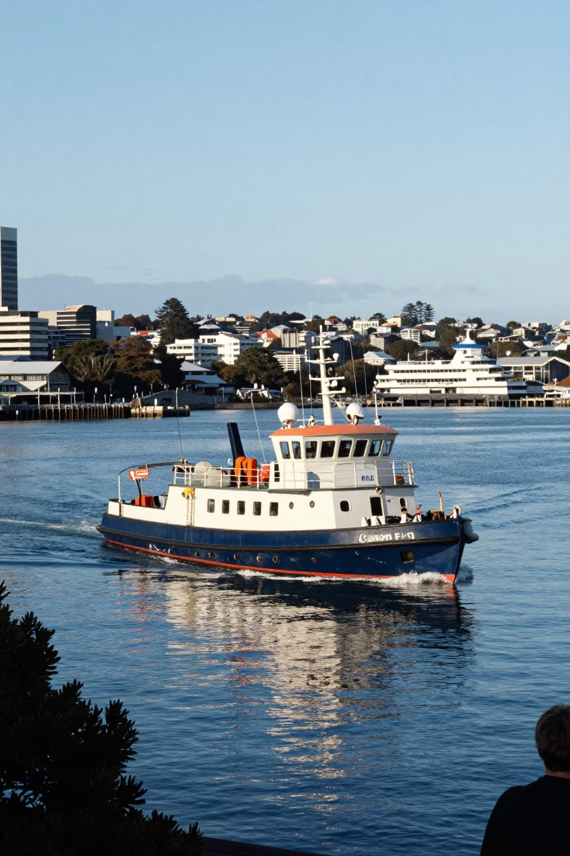 Busy Auckland Harbor Midmorning Scene with Pilot Boat Guiding Container Ship into Port in in Auckland, New Zealand