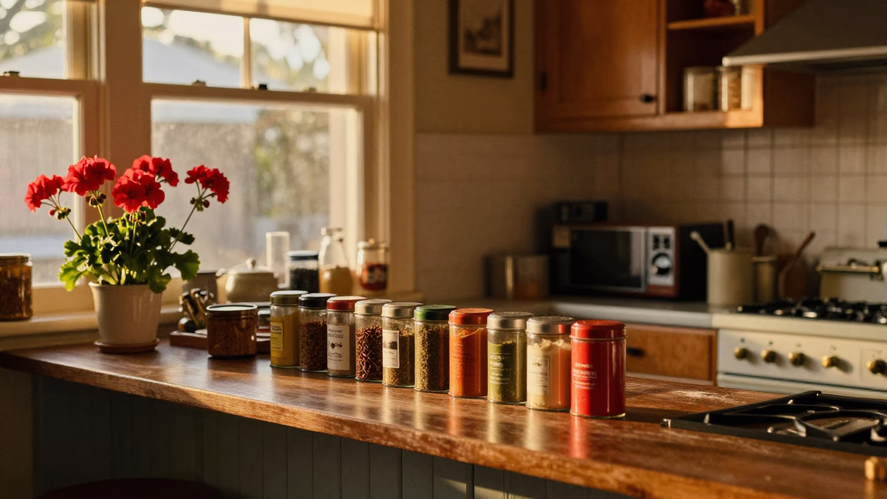 Busy Auckland Kitchen Evening 1950s with Geraniums and Spice Tins in in Auckland, New Zealand