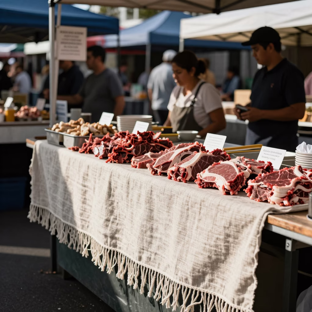 Busy Auckland Market Stall with Linen Fringe and Beef Wellington in Late Morning in in Auckland, New Zealand