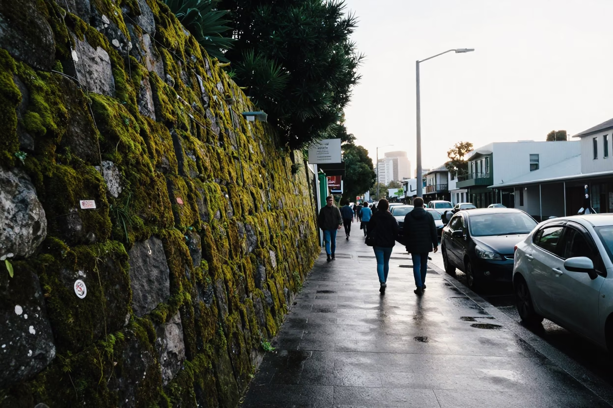 Busy Auckland Morning Street Scene with Mossy Stone Wall and Drying Rack in in Auckland, New Zealand