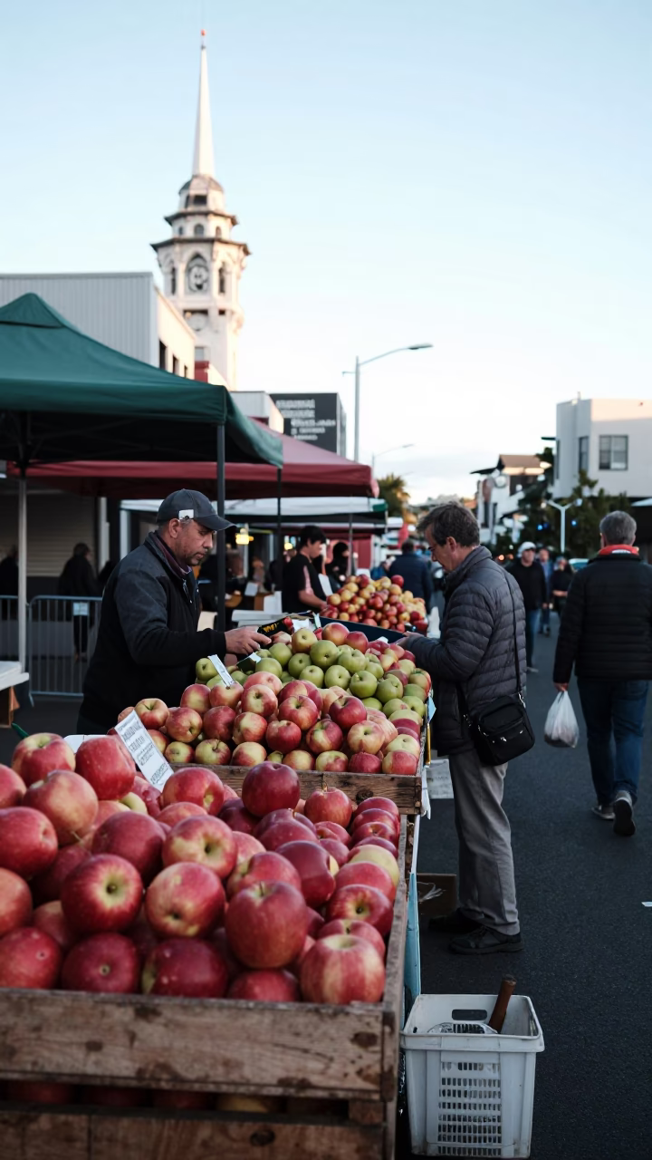 Busy Auckland New Zealand Early Morning Market Stall with Fresh Apples and Local Produce in in Auckland, New Zealand