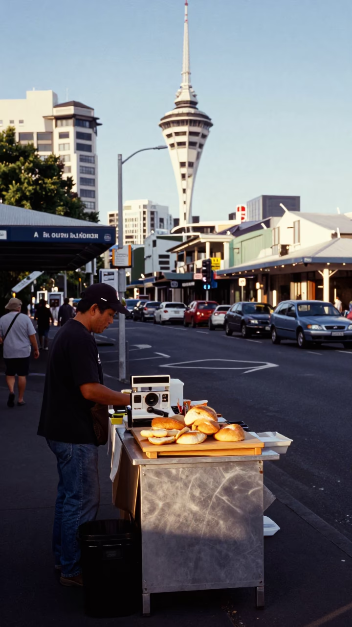 Busy Auckland New Zealand Late Afternoon Street Scene with Local Details in in Auckland, New Zealand