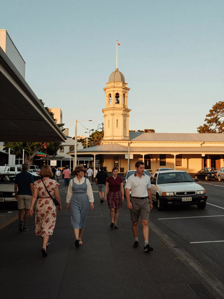 Busy Auckland New Zealand Late Afternoon Street Scene with Vintage 1950s Atmosphere in in Auckland, New Zealand
