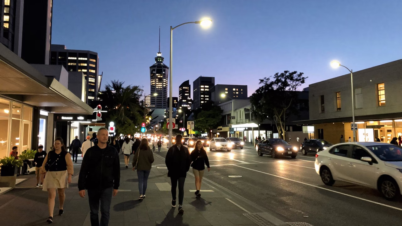 Busy Auckland New Zealand Street Scene at Dusk with City Lights and Pedestrians in in Auckland, New Zealand