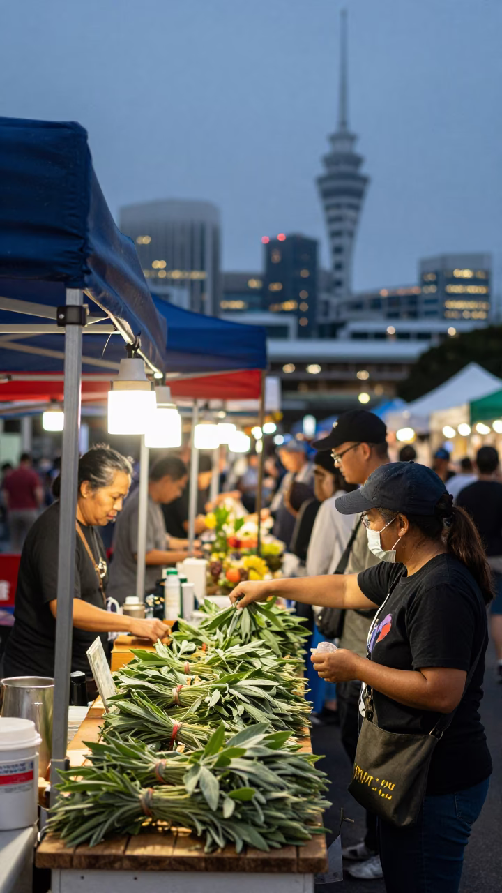 Busy Auckland Night Market Stall at Twilight with Local Vendors and Urban Skyline in in Auckland, New Zealand