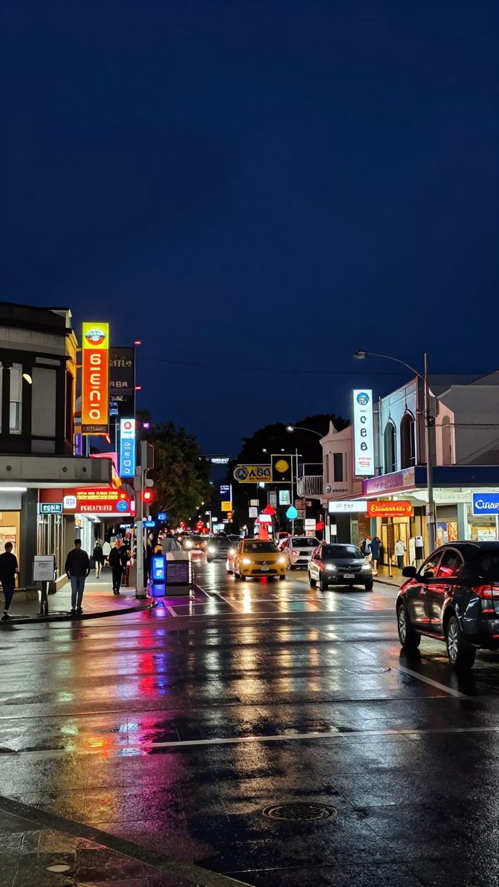 Busy Auckland Night Street Scene with Neon Signs and Pedestrians Under Deep Night Sky in in Auckland, New Zealand