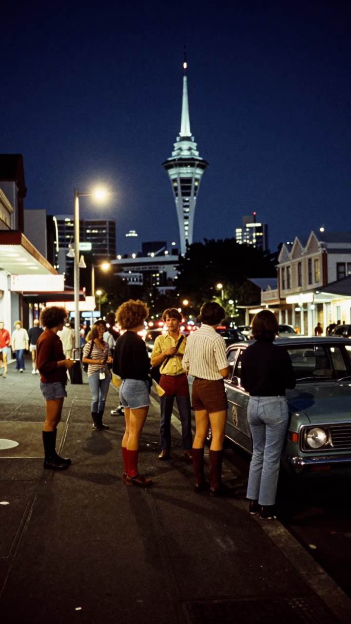 Busy Auckland Night Street Scene with Vintage 1970s Elements and Local Life in in Auckland, New Zealand