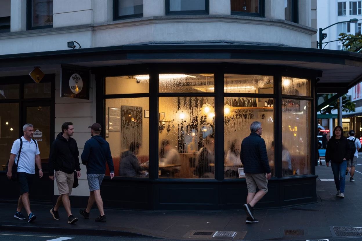 Busy Auckland Street Corner at Dusk with Condensation on Window Glass and Traffic Shadows in in Auckland, New Zealand