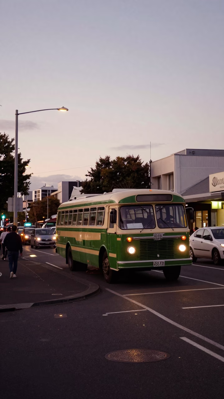Busy Auckland Street Corner at Dusk with Vintage Bus and Local Pedestrians in in Auckland, New Zealand