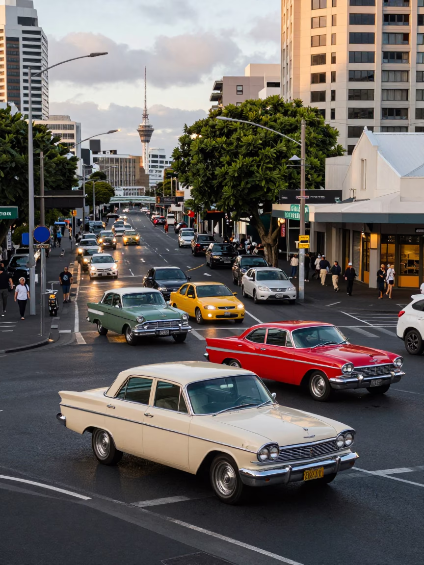 Busy Auckland Street Corner Early Evening 1960s Vintage Cars and Pedestrians in in Auckland, New Zealand
