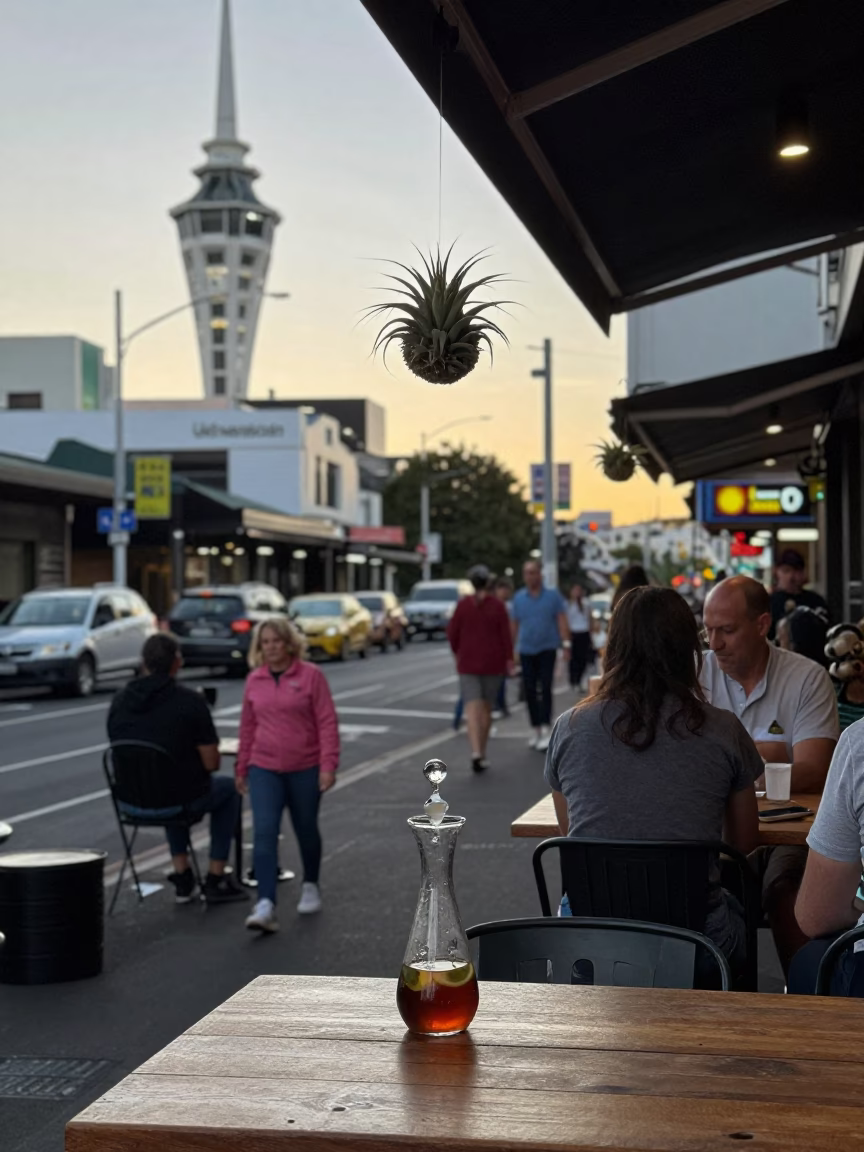 Busy Auckland Street Corner Early Evening with Hanging Air Plant and Ferns in in Auckland, New Zealand