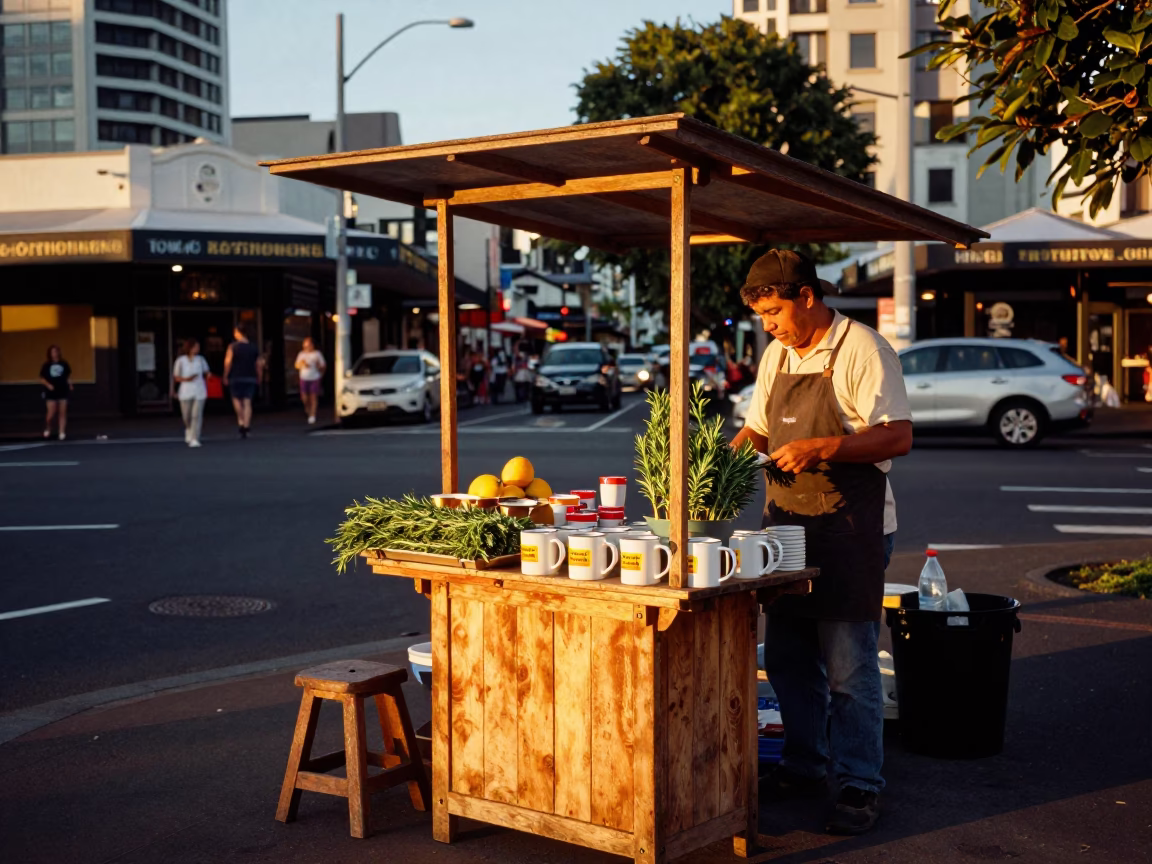 Busy Auckland Street Corner Evening Light with Mugs and Twine Details in in Auckland, New Zealand