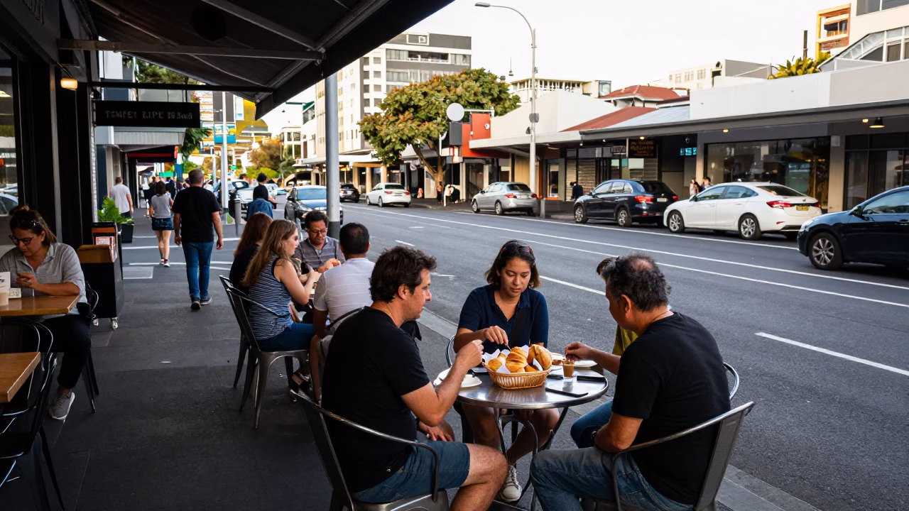 Busy Auckland Street Corner Late Morning with Pastries and Urban Life in in Auckland, New Zealand