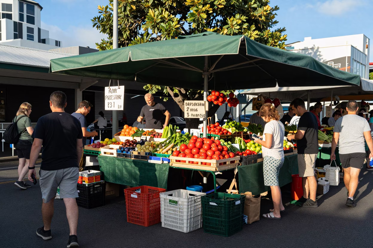 Busy Auckland Street Corner Market with Fresh Tomatoes and Cooking Pots in in Auckland, New Zealand