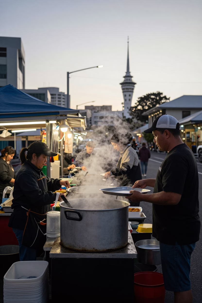 Busy Auckland Street Food Stall at Nautical Dawn with Samosas and Steam in in Auckland, New Zealand