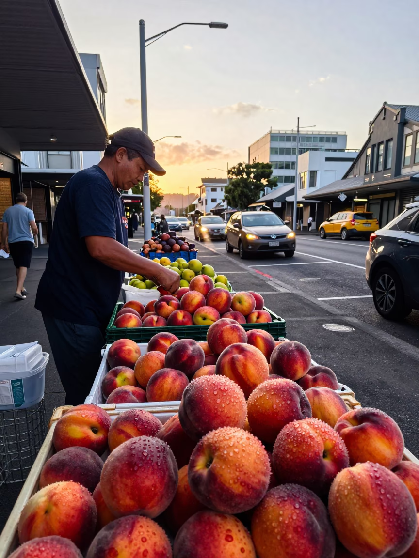 Busy Auckland Street Morning with Wet Fruit and Glass Tumbler in in Auckland, New Zealand