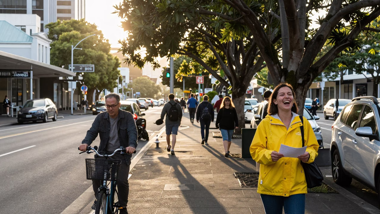 Busy Auckland Street Scene After Sunrise with Bicycle and Coffee Cup in in Auckland, New Zealand