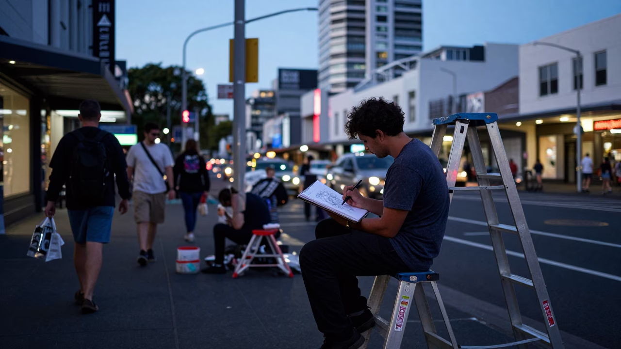 Busy Auckland Street Scene at Blue Hour with Sketchbook and Step Ladder in in Auckland, New Zealand